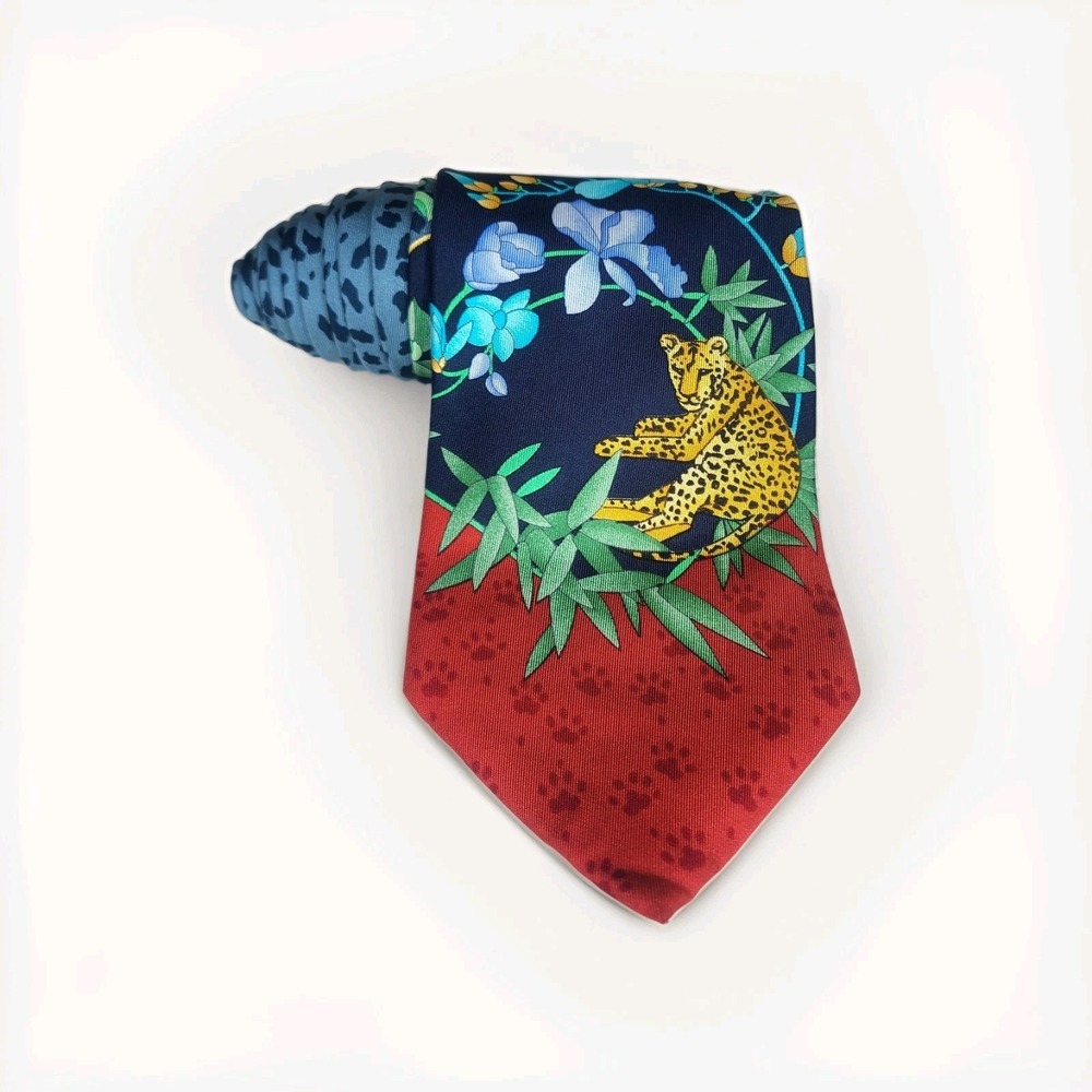 LEONARD PARIS Mens Silk Necktie‎ ITALY Luxury N°70824 Tiger Leopard Floral Tie